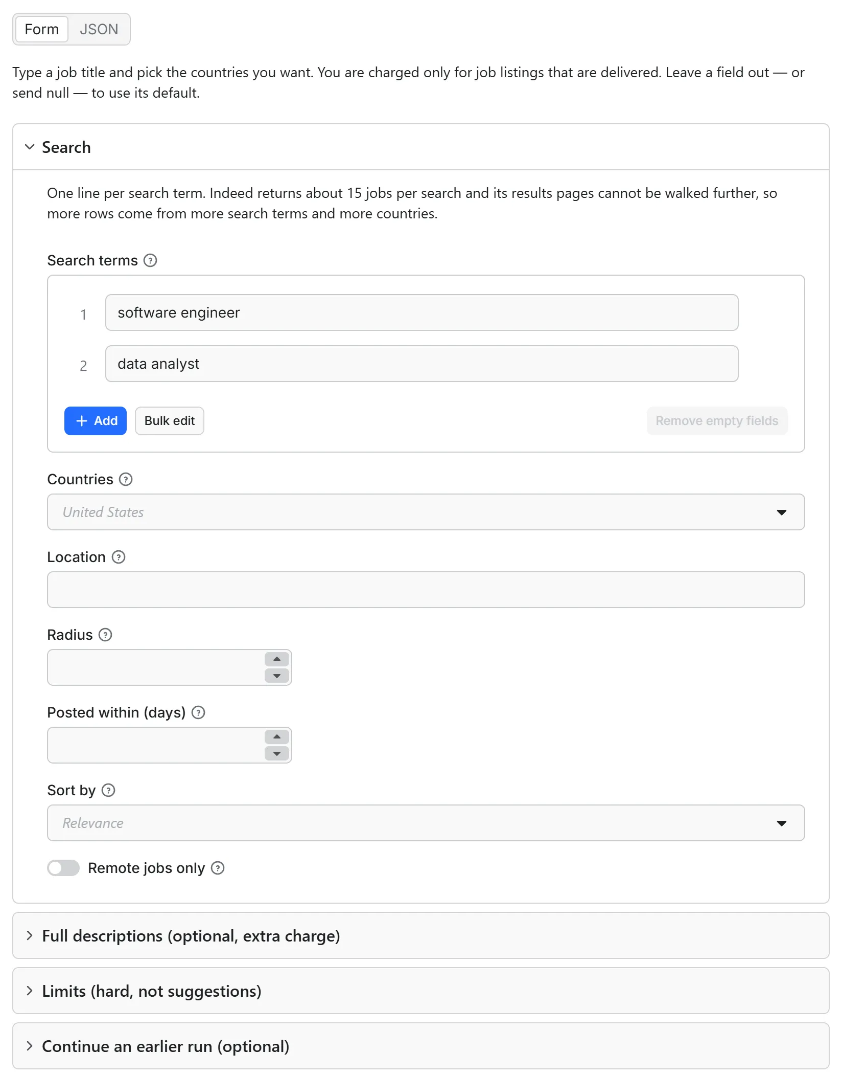 Indeed Jobs Scraper input form in the Apify console: search terms, countries, location, radius, posted-within, sort and a remote-only toggle