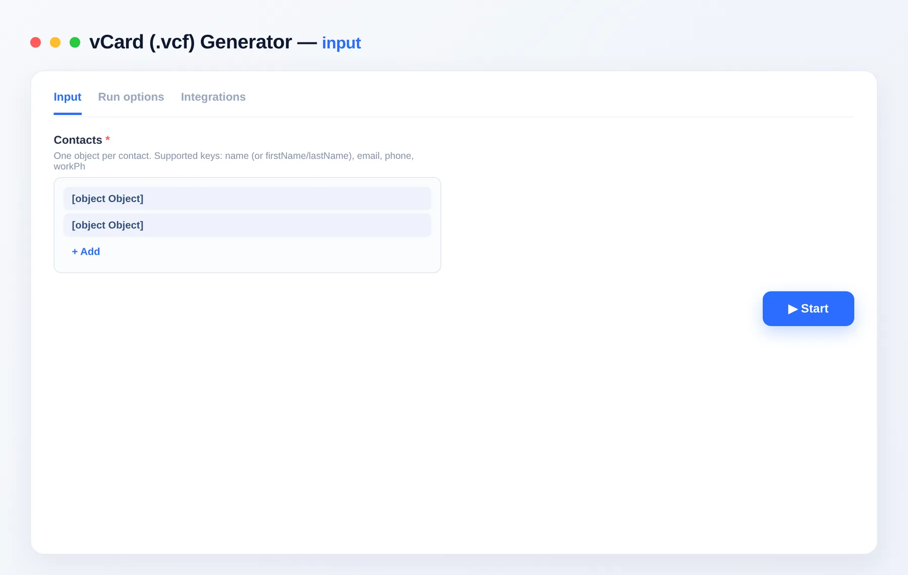 vCard (.vcf) Generator input — configure the options in the Apify Console