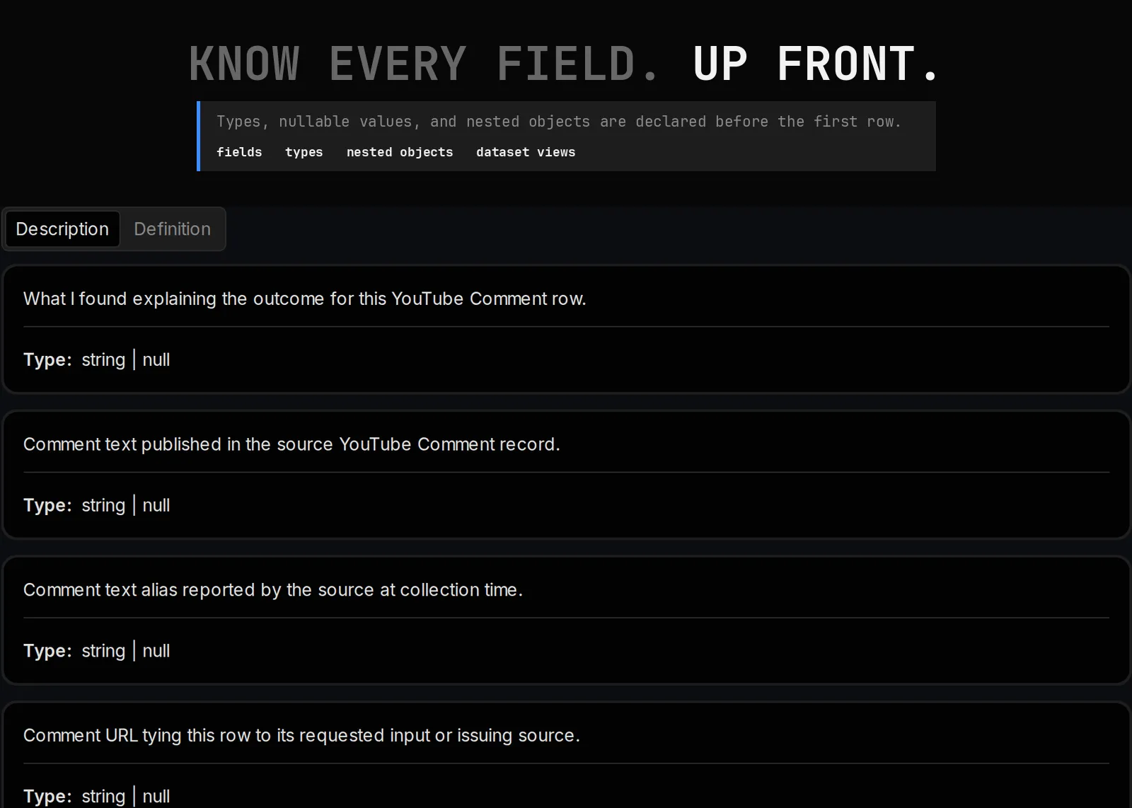 YouTube Comment Scraper declared output schema