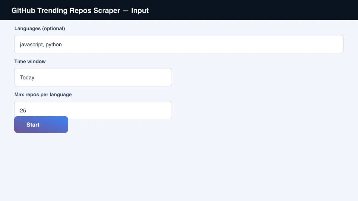 GitHub Trending Repos Scraper input options