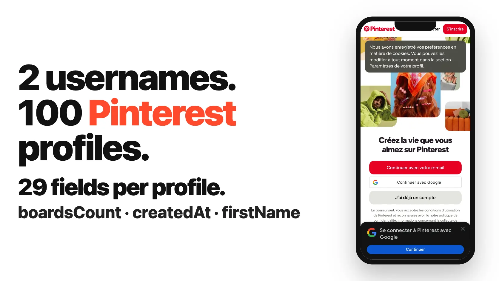 2 usernames. 100 Pinterest profiles. 29 fields per profile.