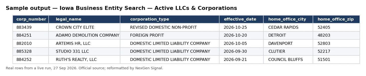Sample output — Iowa Business Entity Search