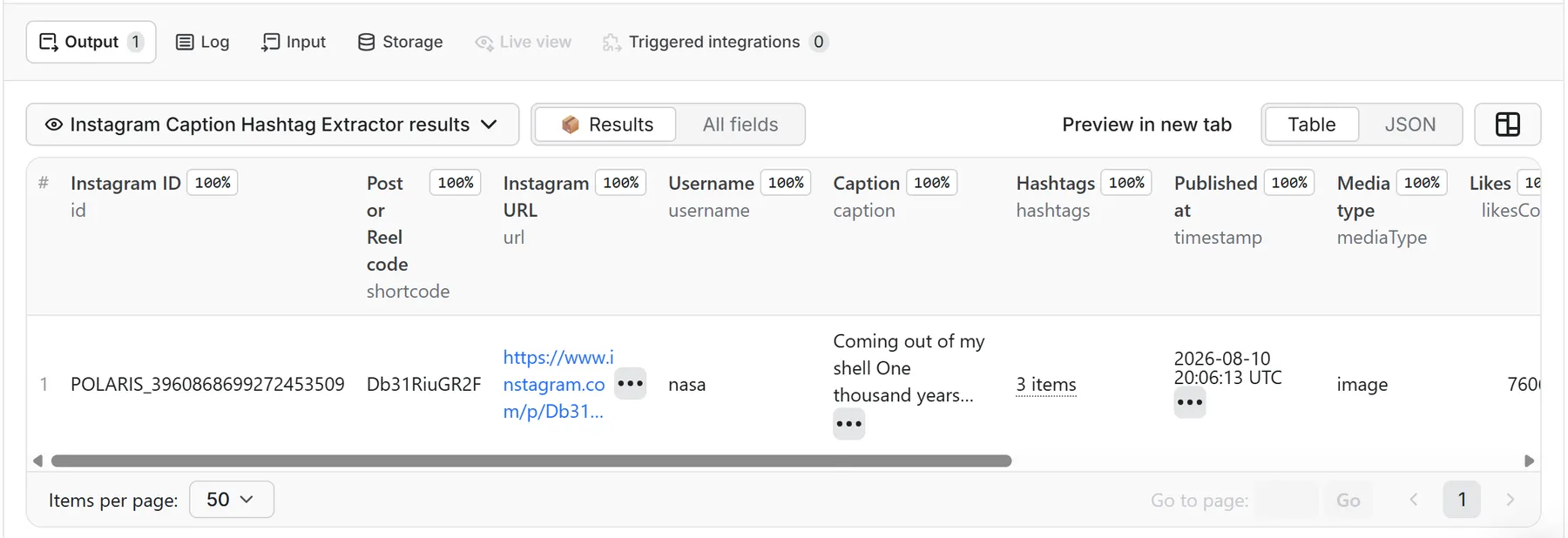 Instagram bio links and profile data in an Apify dataset