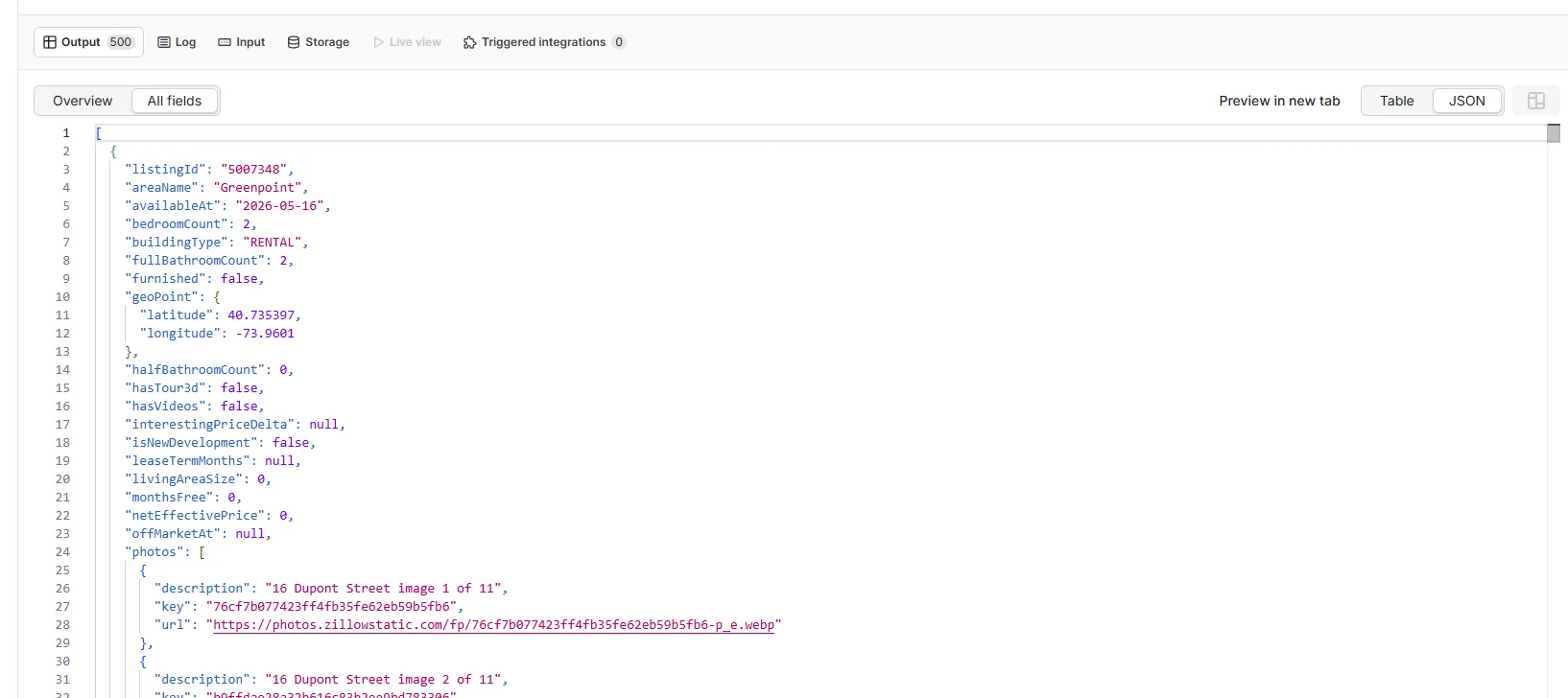 JSON record detail view in Apify