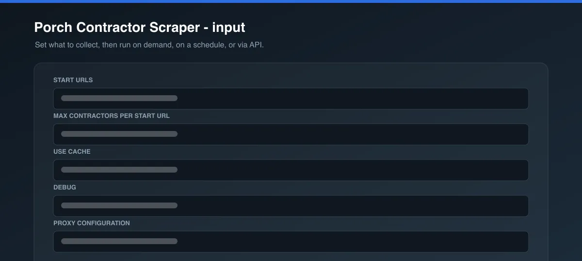 Porch Contractor Scraper input options