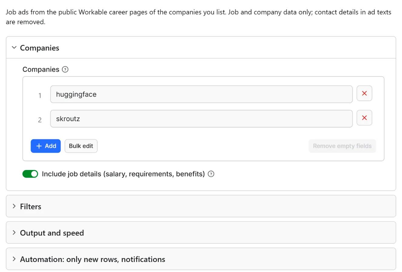 Input form of Workable Jobs Scraper: Job Listings from Career Pages
