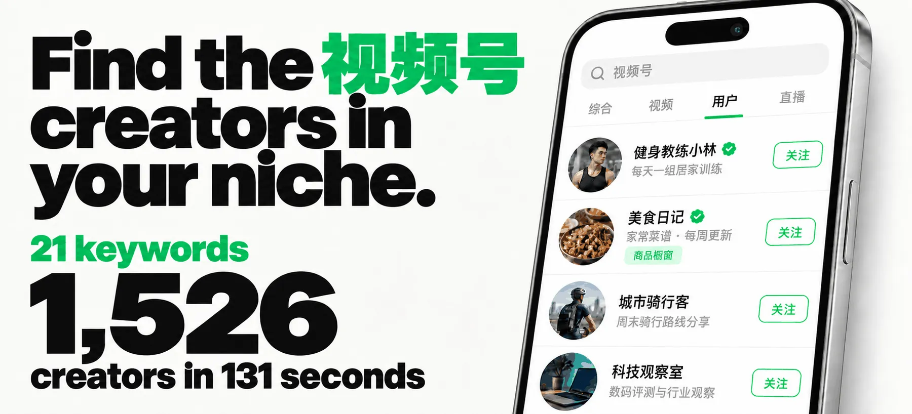 Find the 视频号 creators in your niche: a recorded run returned 1,526 WeChat Channels creators from 21 keywords in 131 seconds