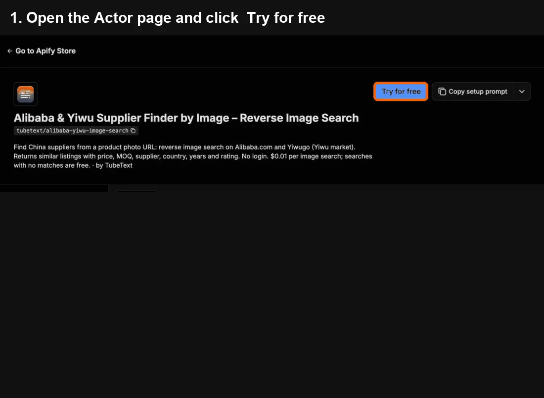 Alibaba & Yiwu Supplier Finder quick start: click Try for free, paste your input, click Start, export to Excel