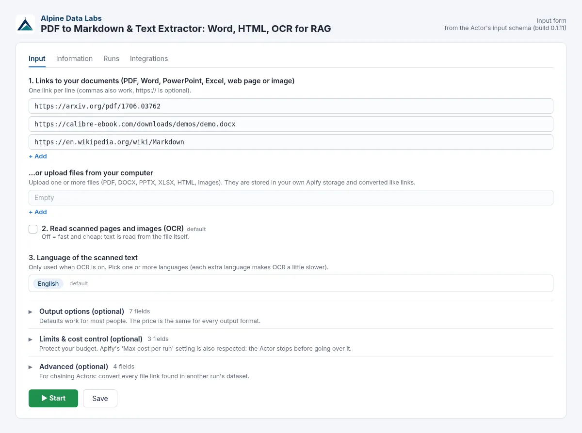 PDF to Markdown converter input form: document URLs, output mode and OCR options