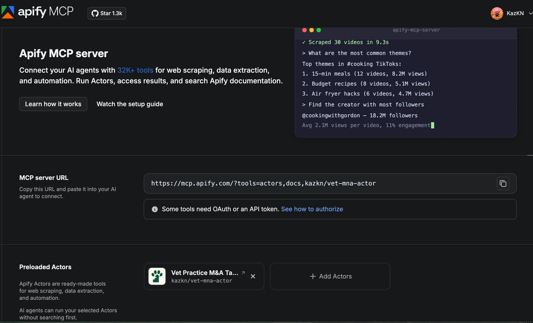 Apify MCP server — connect to Claude, Cursor, GPT with vet-mna-actor preloaded