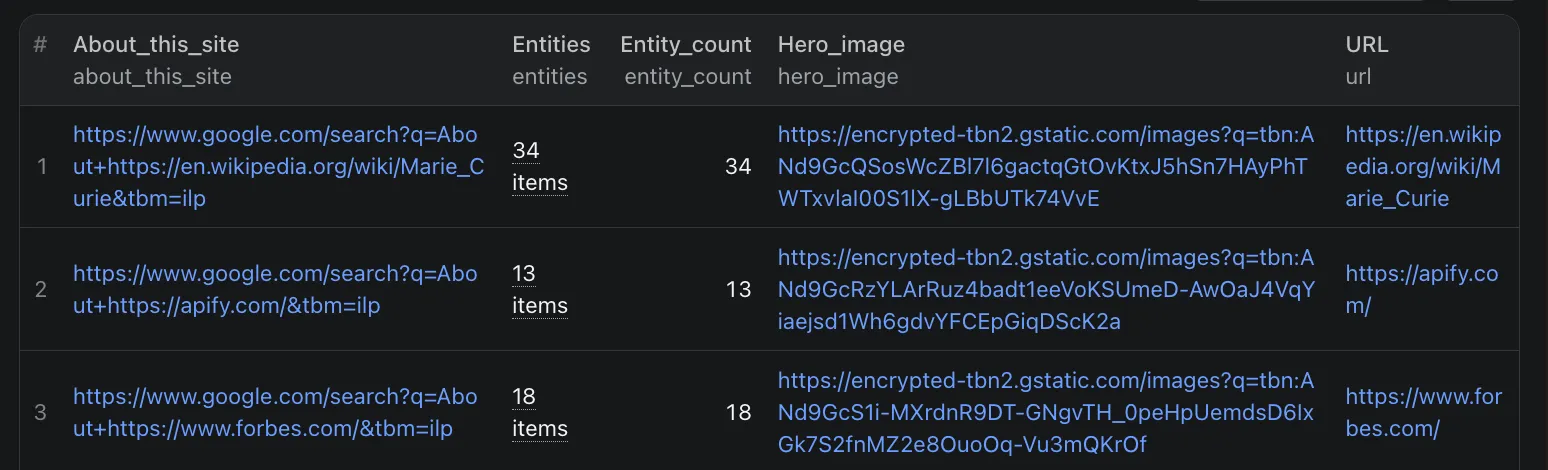 Entity SEO API results in the Apify Console: one record per URL with entity count, hero image and about-this-site link