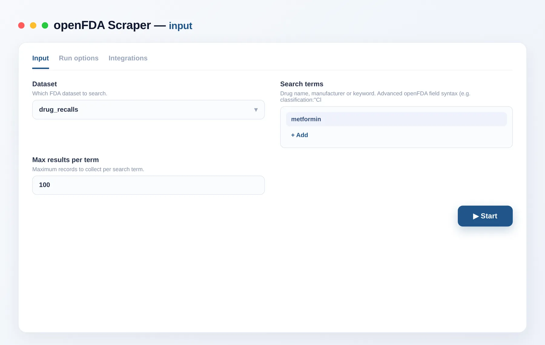 openFDA Scraper input — dataset, search terms and result limit in the Apify Console