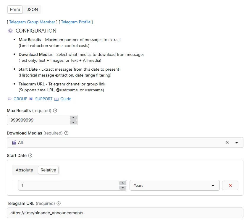Telegram Channel Message input configuration showing parameters: Telegram URL, Max Results, Download Medias, and Start Date