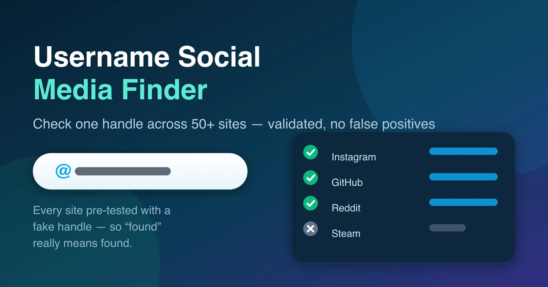 Username Social Media Finder — check one handle across 50+ sites, validated with no false positives