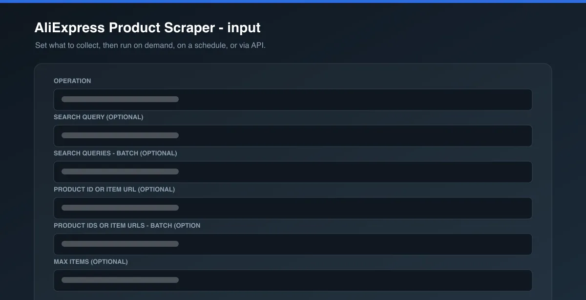 AliExpress Product Scraper input options