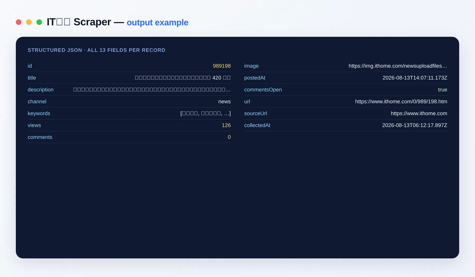 IT Home Scraper output — a tech-news dataset with views, comments and metadata