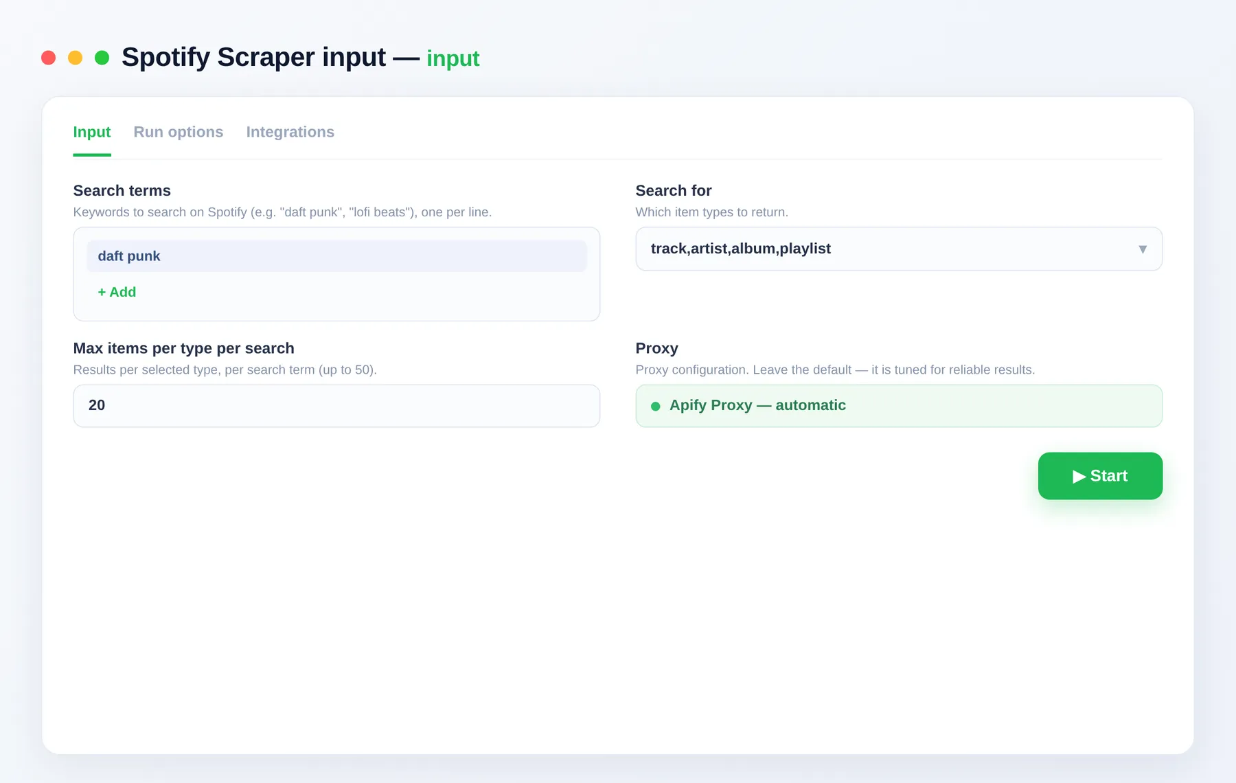 Spotify Scraper input — search terms and item types in the Apify Console