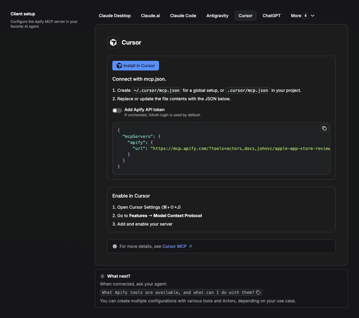 Install the Apify Apple App Store connector in Cursor