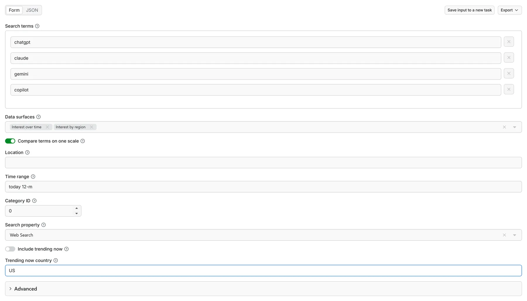 Google Trends Scraper input form in the Apify console, set up for a 4-keyword compare run