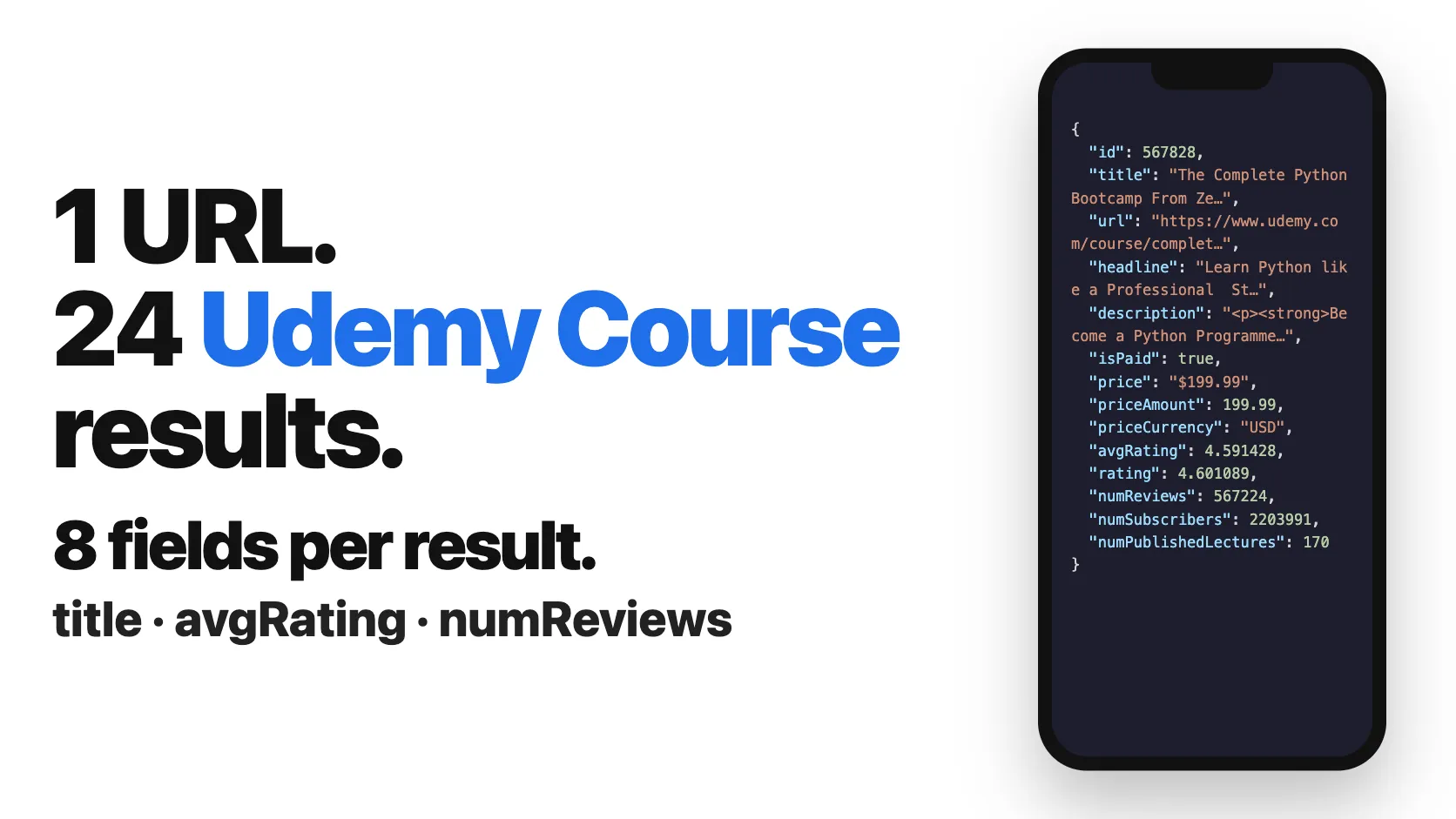 1 URL. 24 Udemy Course results. 8 fields per result.
