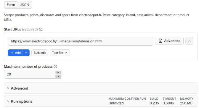 Input form: start URLs and maximum number of products
