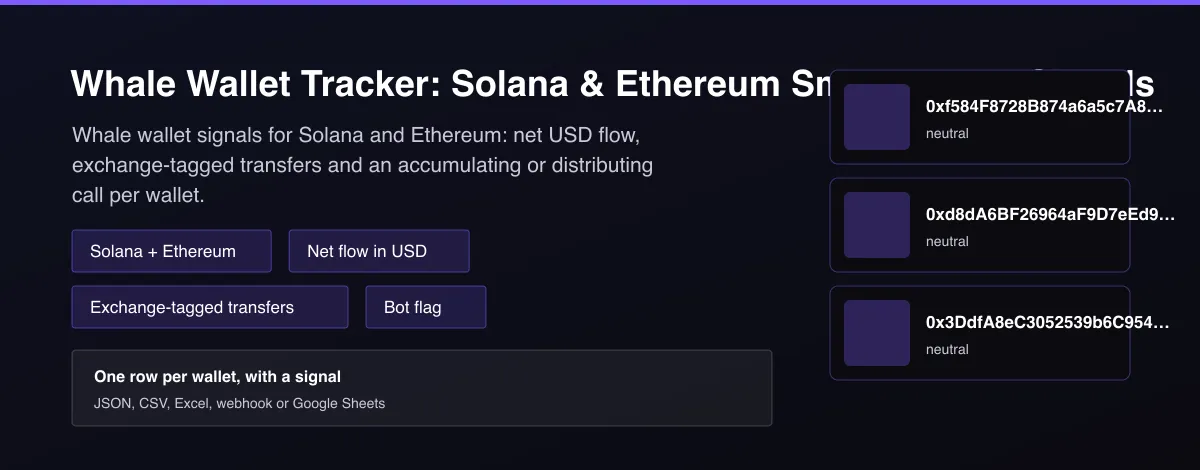 Whale Wallet Tracker: Solana & Ethereum Smart Money Signals - Whale wallet tracker for Solana and Ethereum showing net flow and accumulating or distributing signals