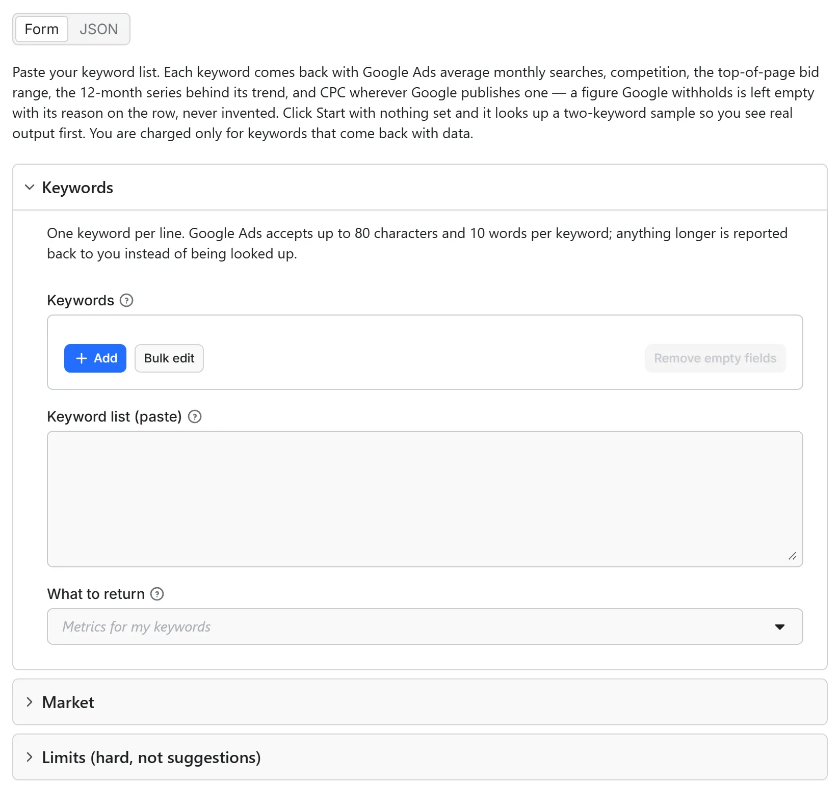 Keyword Search Volume Scraper input form in the Apify console: the keyword list and paste box with the what-to-return, market and limits sections