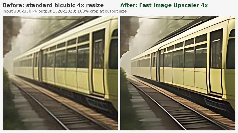 Solarpunk train AI art: bicubic vs AI
