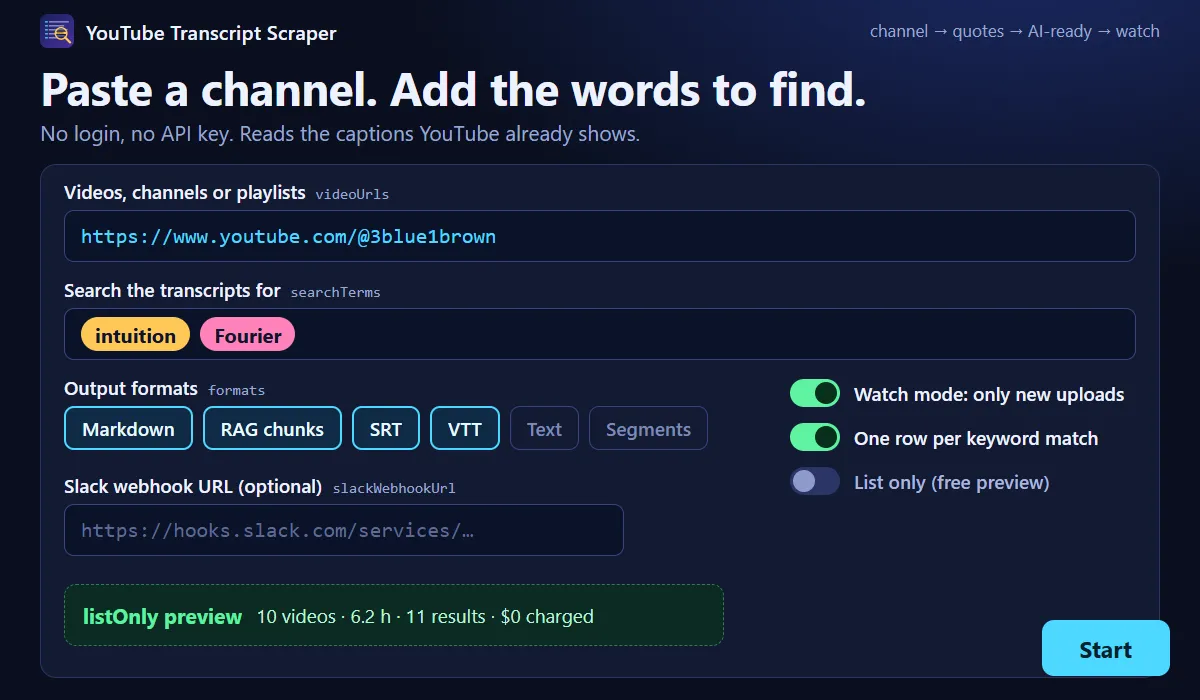 Input form with video, channel and playlist links, search terms, output formats and watch mode