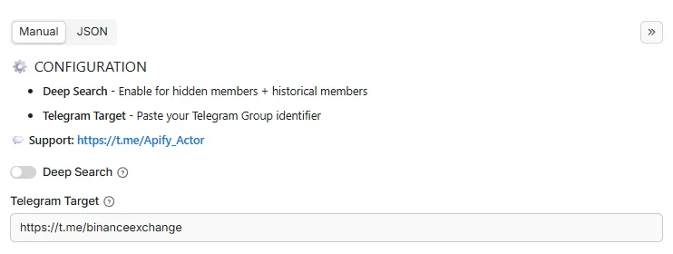 Telegram Scraper Input Configuration - Professional Telegram Group Member Extraction API with Deep Search Mode and Advanced Data Mining Tools for Lead Generation, Market Research, CRM Automation, and Business Intelligence