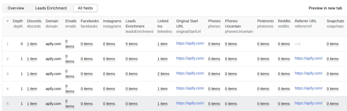 Contact Details Scraper output