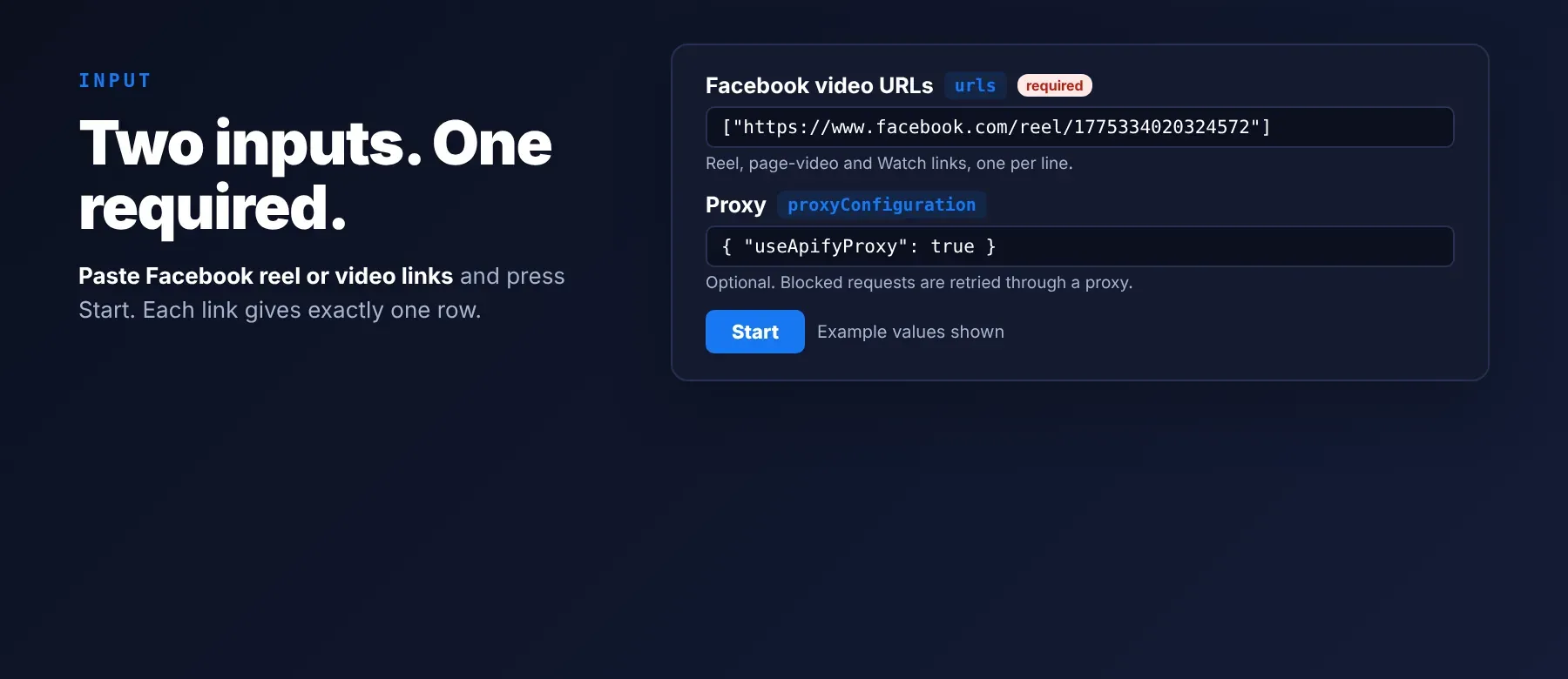Facebook Videos Scraper input: video URLs and proxy