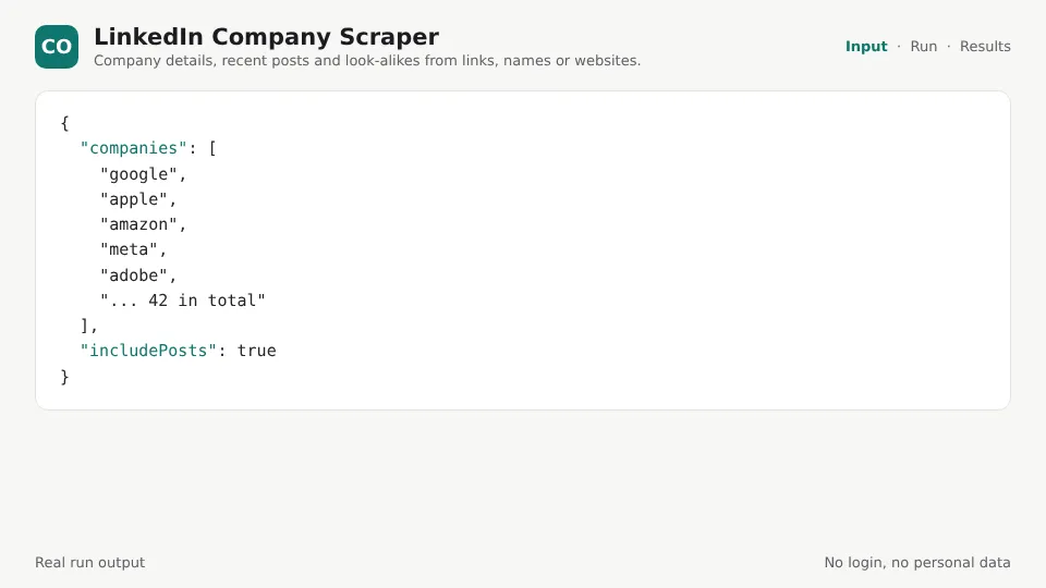 LinkedIn Company Scraper demo: input, run and results table from a real run