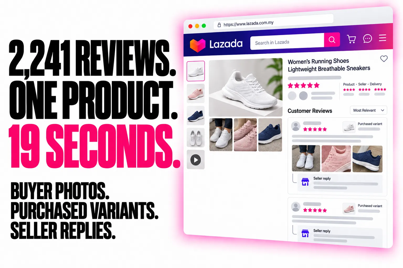 2,241 REVIEWS. ONE PRODUCT. 19 SECONDS. BUYER PHOTOS. PURCHASED VARIANTS. SELLER REPLIES.