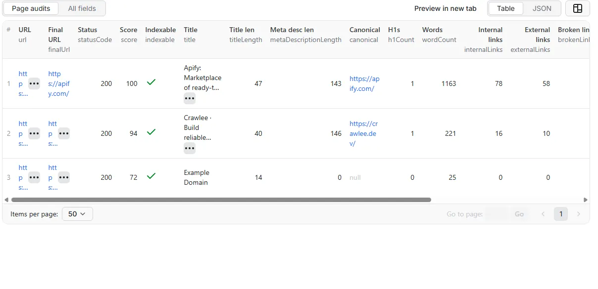 Technical SEO Page Audit sample output table