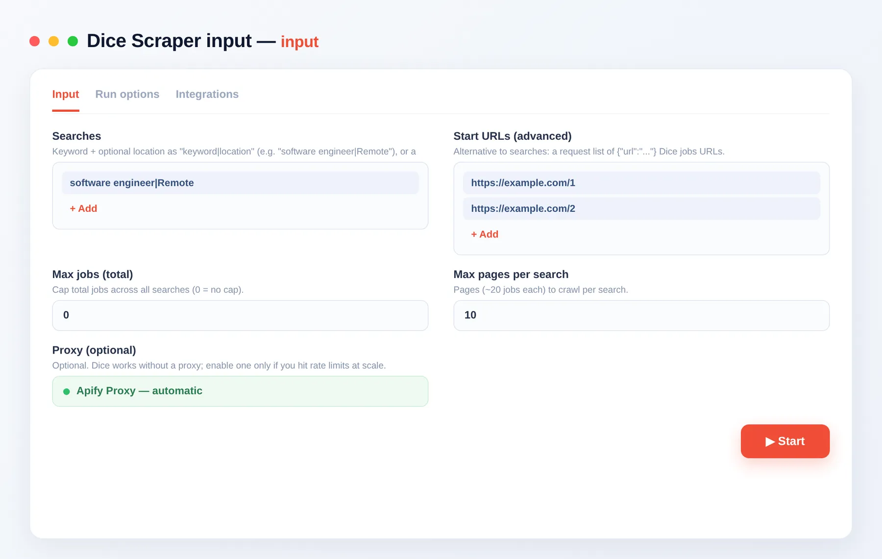 Dice Jobs Scraper input — search terms, page depth and item cap in the Apify Console