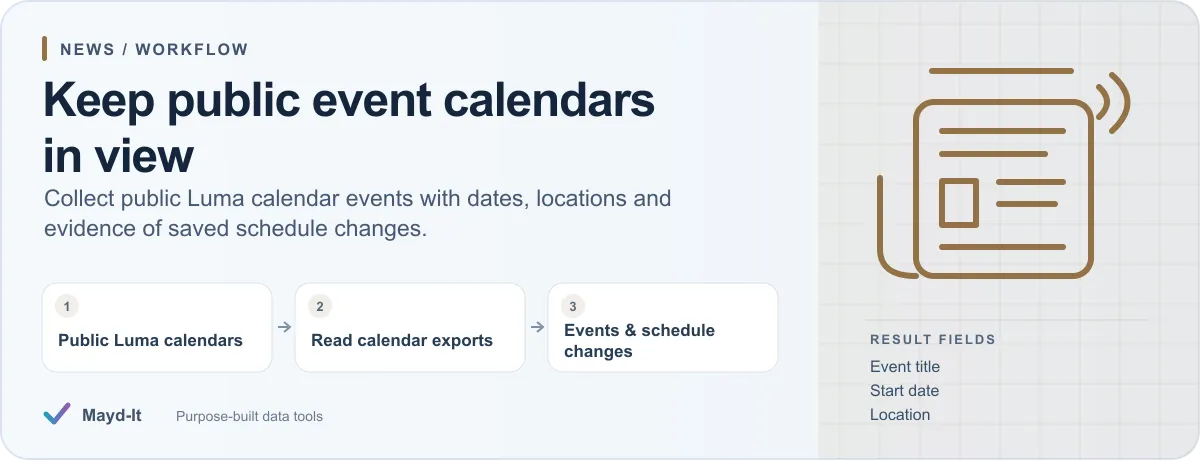 Public Luma calendars to Events & schedule changes - illustrative workflow