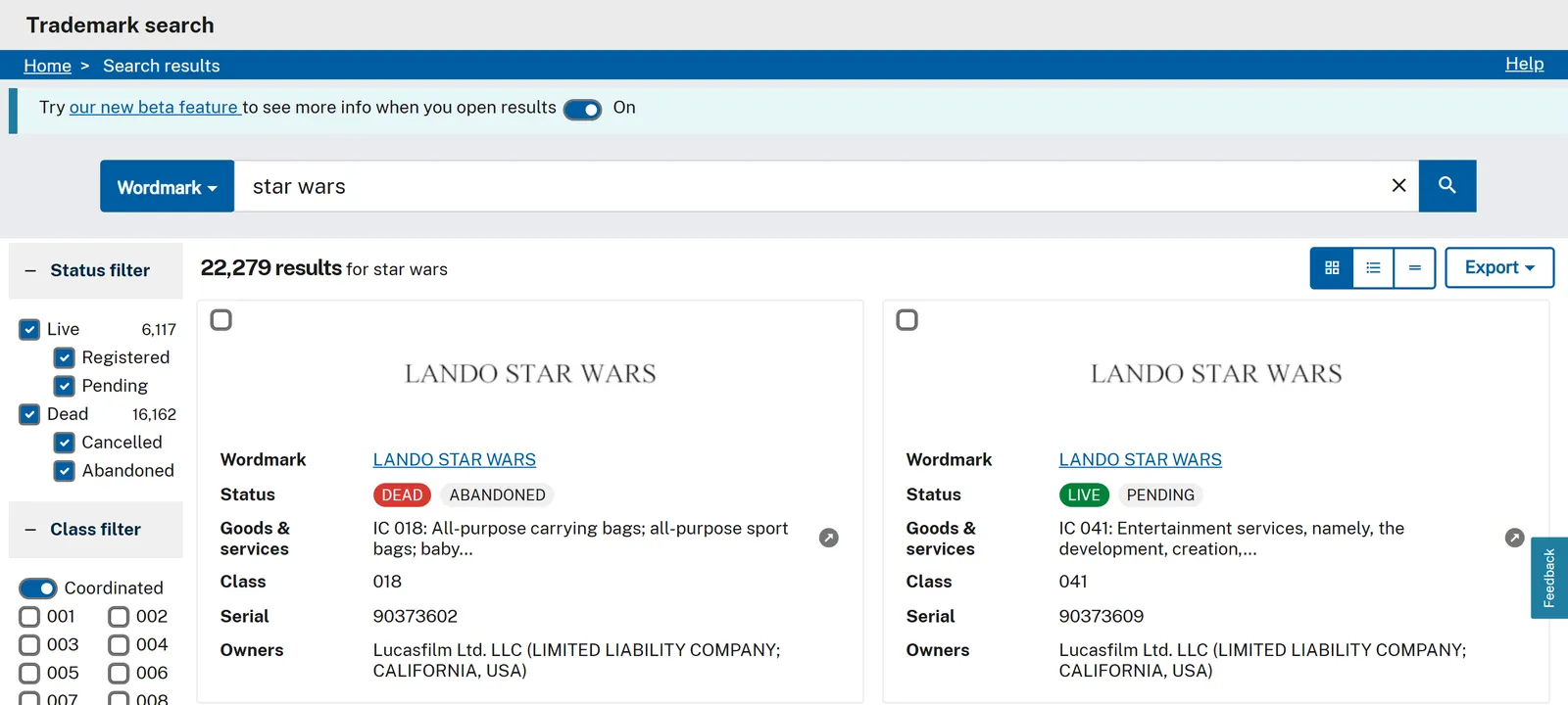 USPTO trademark search results page that USPTO Trademark Scraper turns into rows