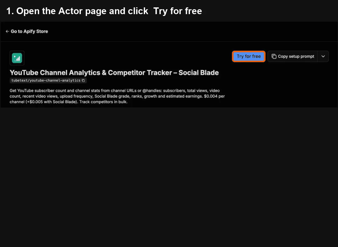 YouTube Channel Analytics quick start: click Try for free, paste your input, click Start, export to Excel
