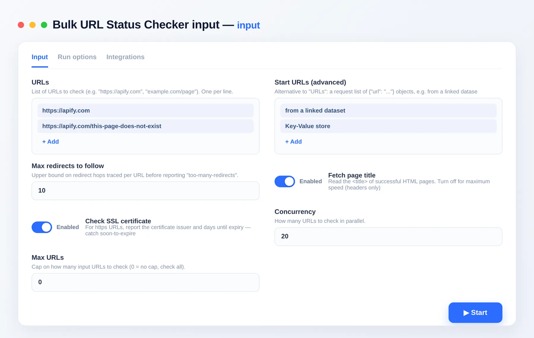 Bulk URL Status Checker input — a list of URLs with SSL and title checks in the Apify Console