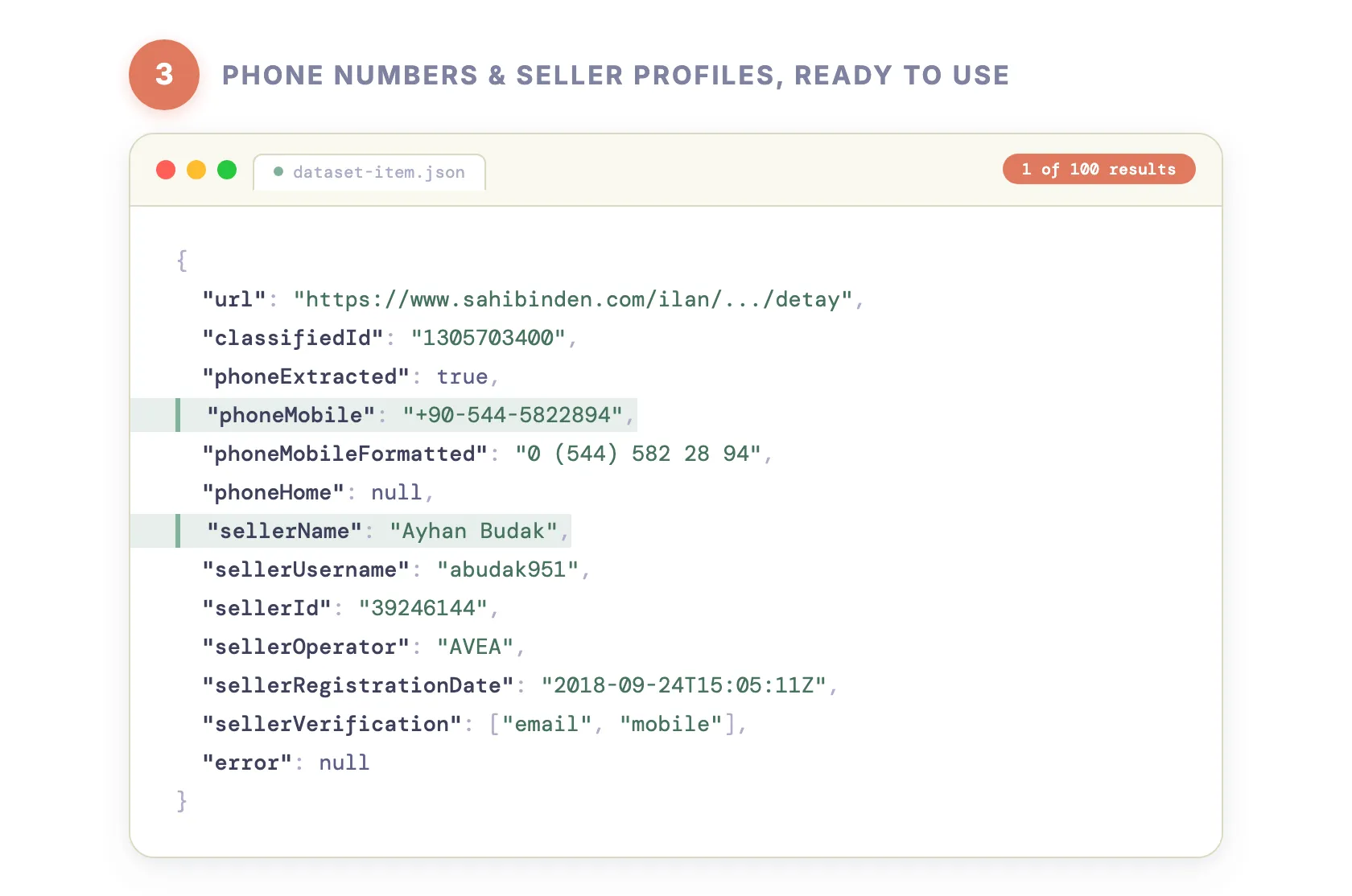 Step 3 — Phone numbers and seller profiles, ready to use