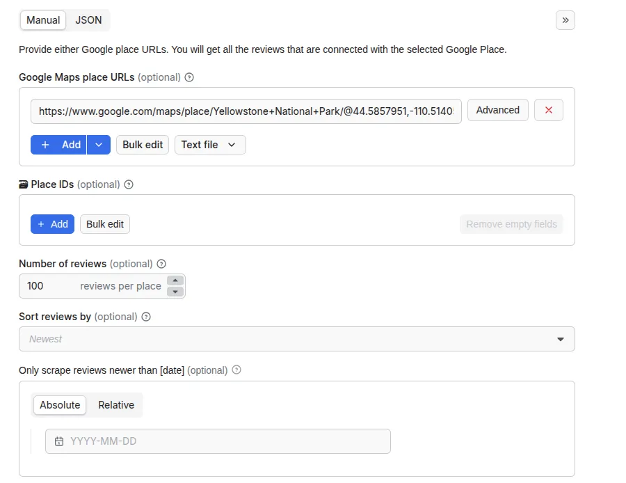 Google Maps Review Scraper input