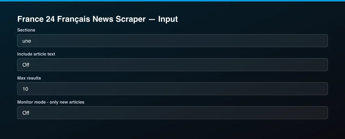 France 24 Français News Scraper input form