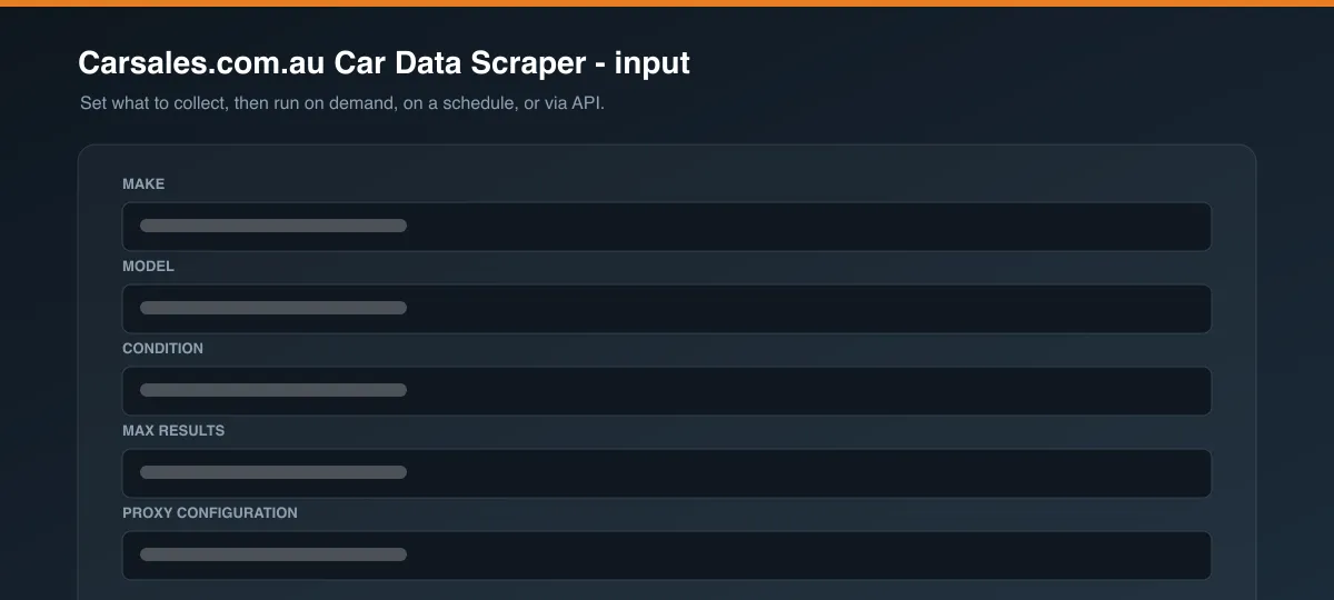 Carsales.com.au Car Data Scraper input options
