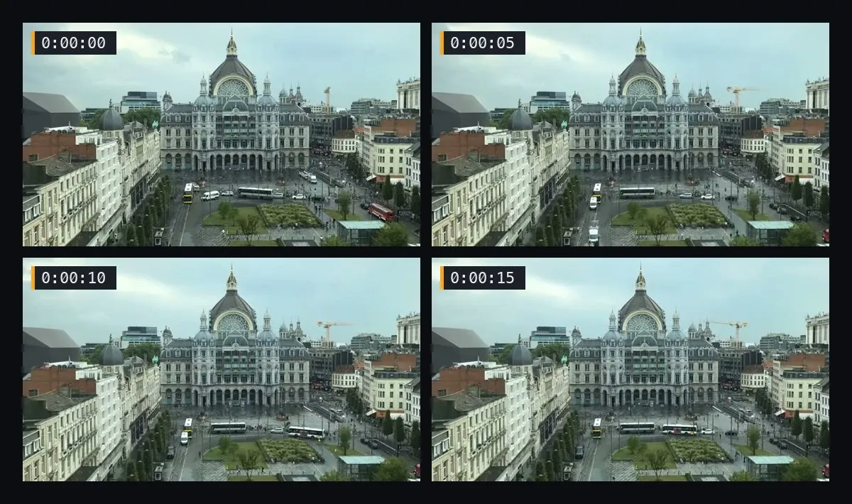 Four frames of a timelapse, each with its timestamp