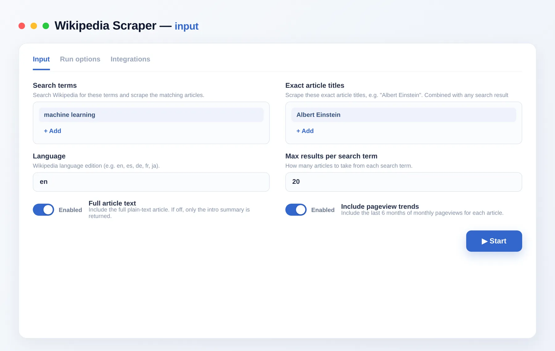 Wikipedia Scraper input — search terms, exact titles and language edition in the Apify Console