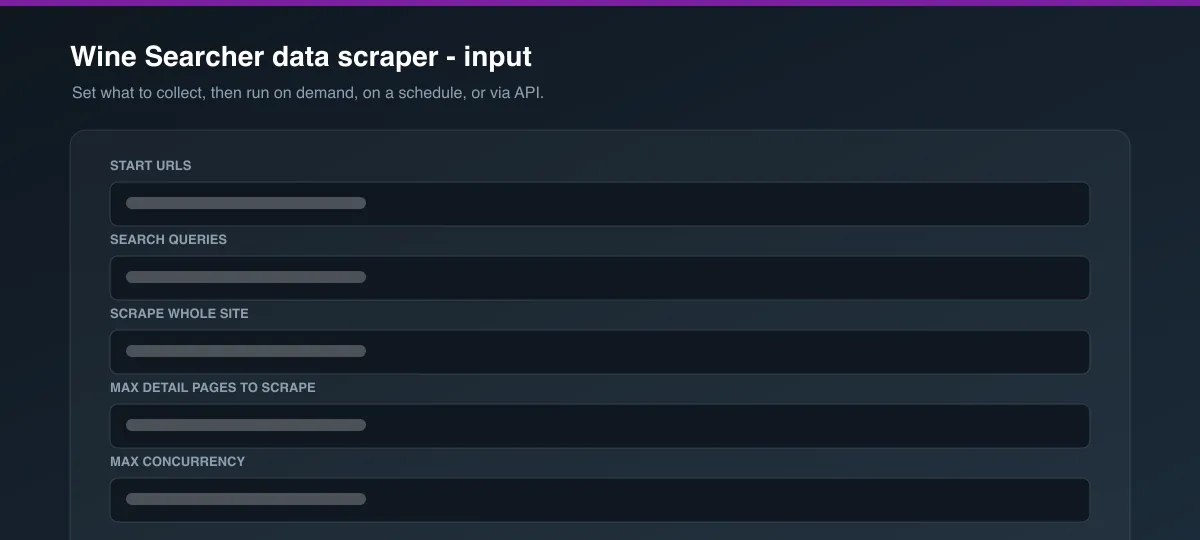Wine Searcher data scraper input options