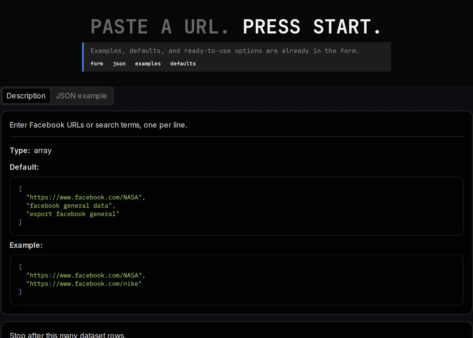 Facebook Data Export Scraper source page and returned record