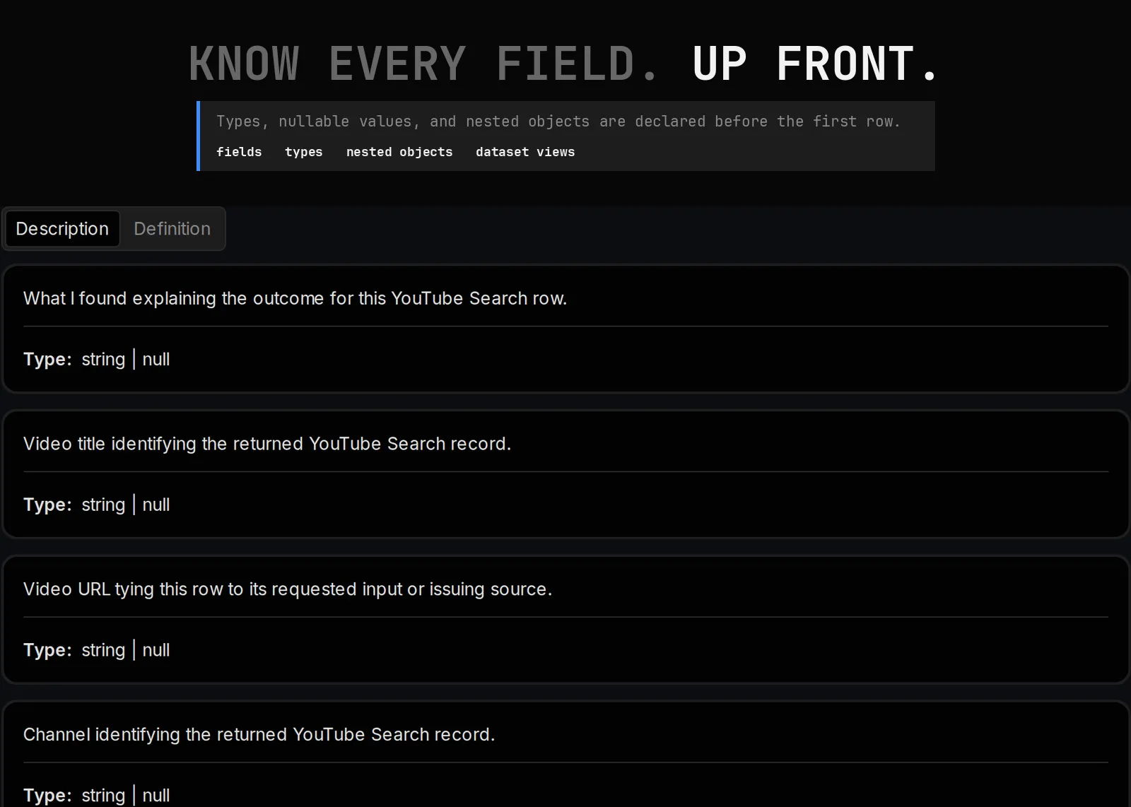 YouTube Search Scraper declared output schema