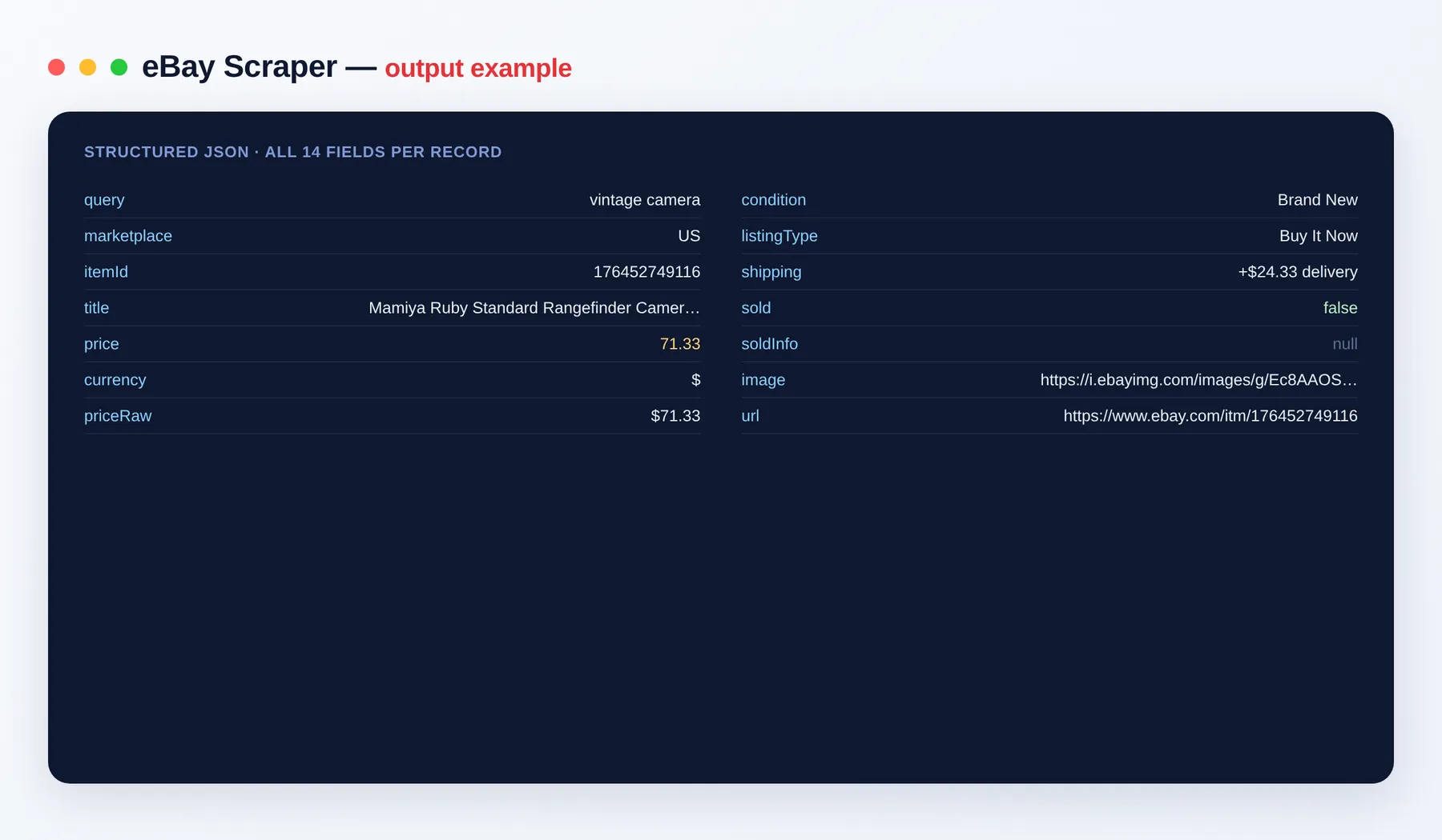 eBay Scraper output example — listings with price, condition and shipping as structured JSON